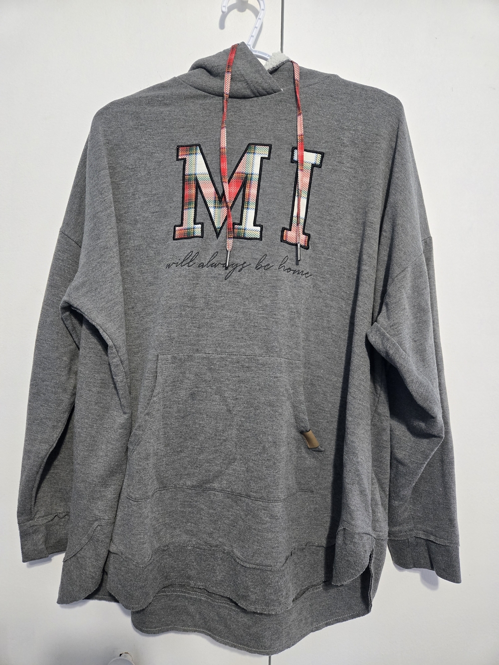 Maurices Michigan MI Graphic Hoodie Size 2X Plaid Letters Sherpa Hood‎ Gray